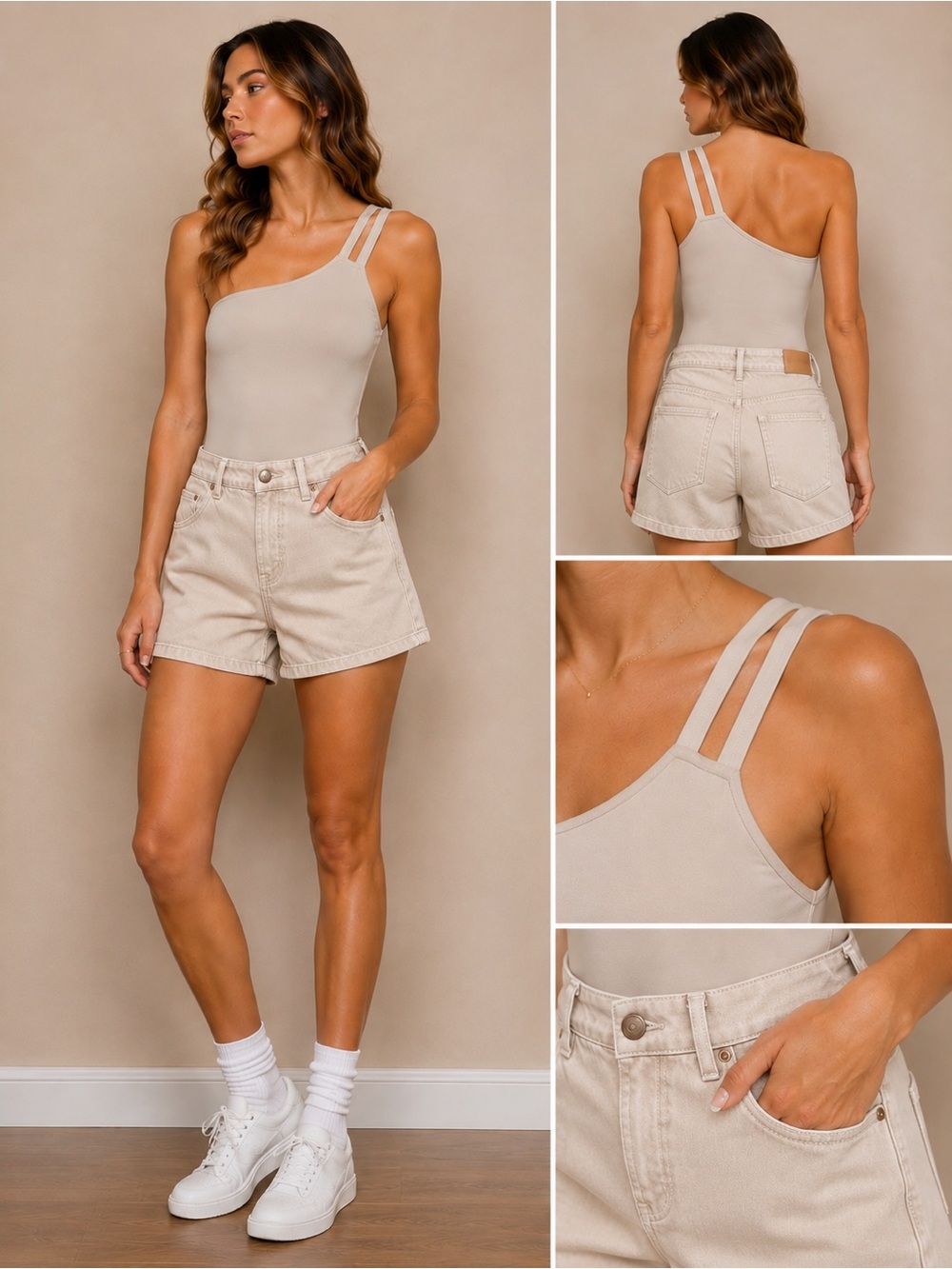 Abercrombie & Fitch One Shoulder Cut Out Strap Bodysuit Gray Beige Size Small